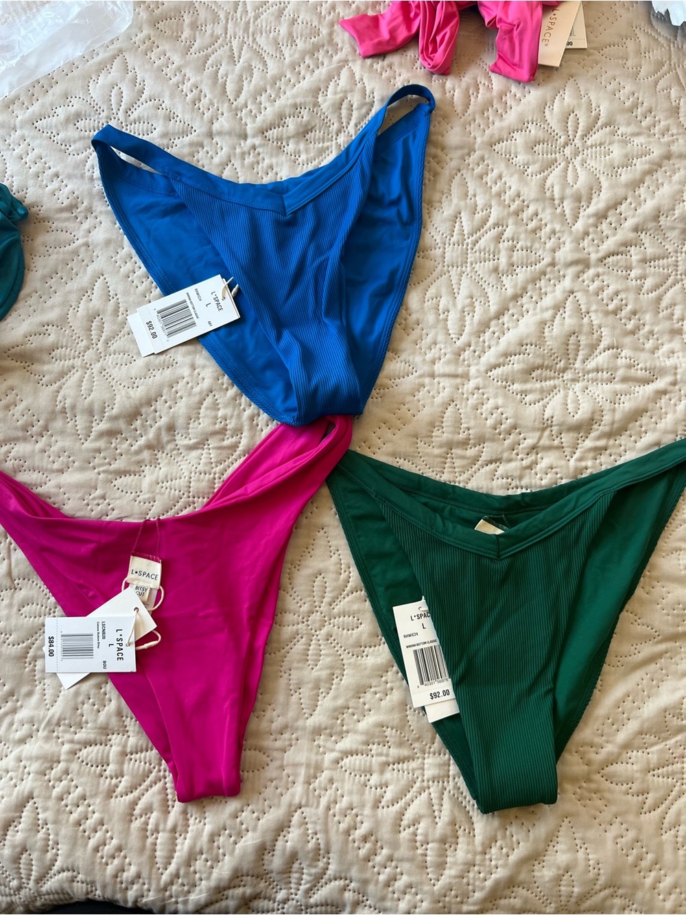 l*space Ribbed Bikini Bottoms Trio in Blue, Pink & Green - Picture 1 of 4